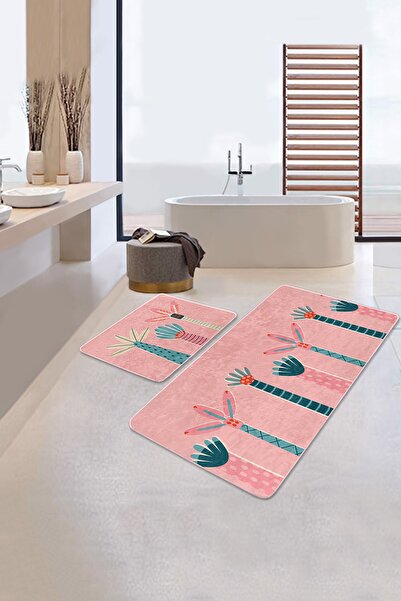 Realhomes Pink Zemşn Palm Tree Drawing 2-Piece Bathroom Mat Set & Kitchen Mat...