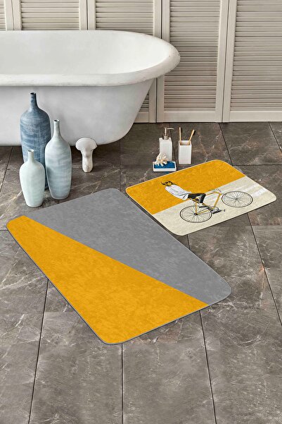 Realhomes Sarı Gri Bisikletli Adam 2'li Banyo Paspas Seti & Mutfak Paspas Takımı