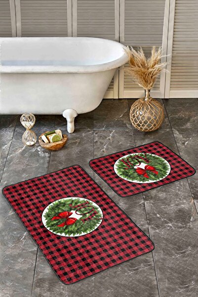 Realhomes طقم سجادة مطبخ مكون من قطعتين بتصميم منقوش باللون الأحمر ومجموعة سج...