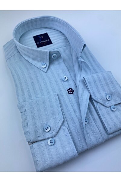 MEGALDİ Erkek Slim Fit Buz Mavi Önü Patlı Kendinden Desenli Gömlek