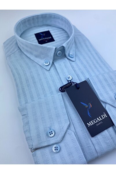 MEGALDİ Erkek Slim Fit Buz Mavi Önü Patlı Kendinden Desenli Gömlek