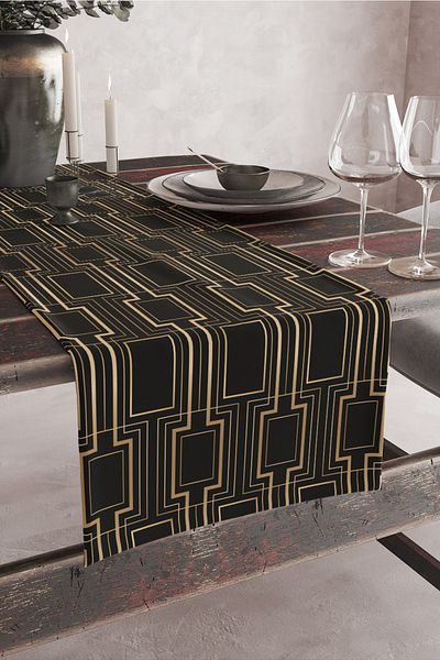 Vagonik Runner cu imprimeu digital cu model negru auriu 140x40
