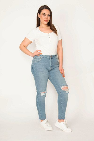 Şans Tekstil Women's Blue Ripped Detailed 5 Pocket Skinny Pants 26a32706