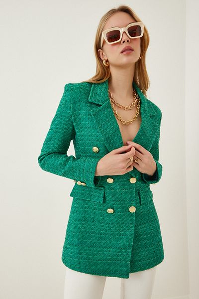 Happiness İstanbul Grüner Tweed-Blazer mit Knöpfen für Damen WF00004