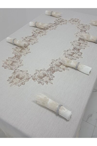 Finezza Nihal Güpürlü Keten Bej Sofra Takımı 8 Kişilik 160x230 Cm 17 Prç. - 1153