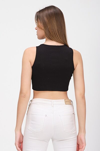 PUNKY CAT Women's Black Crew Neck Crop Top Sleeveless Camisole T-shirt