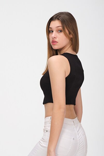 PUNKY CAT Women's Black Crew Neck Crop Top Sleeveless Camisole T-shirt