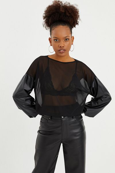 Quincey Tulle Detailed Leather Sleeve Blouse