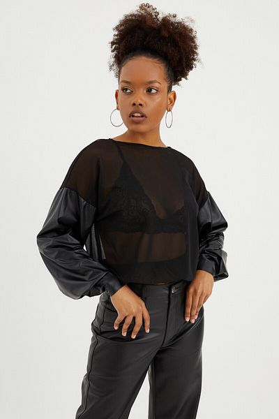 Quincey Tulle Detailed Leather Sleeve Blouse