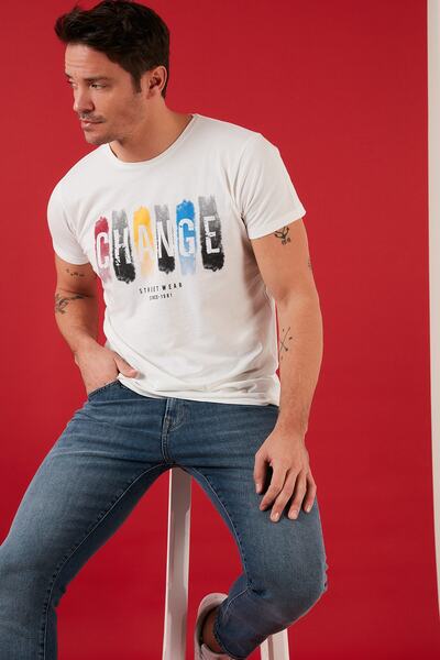 Buratti Baskılı % 100 Pamuk Bisiklet Yaka Slim Fit T Shirt Erkek T Shirt 541c...