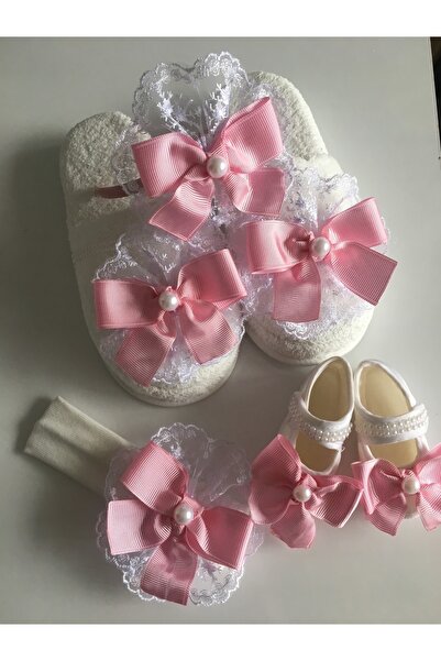 CAN BUTİK Pembe Fiyonklu Patikli Lohusa Tacı Terliği Seti