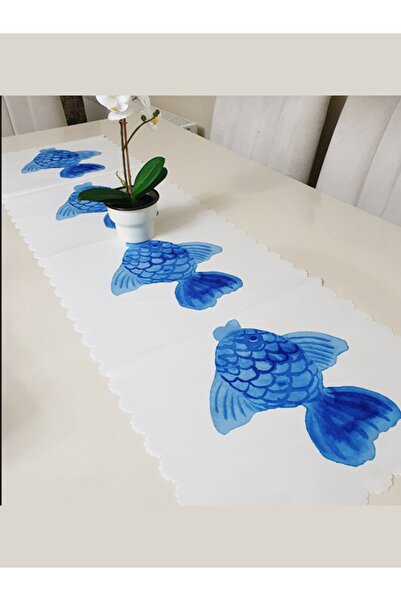 Körfez Kırlent Marin Mavi Balık Dekoratif Runner Örtü 40x140cm