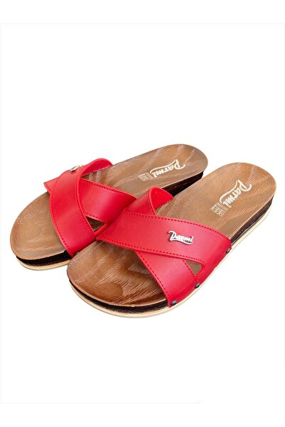 PARMİ Günlük Ahşap Desenli Çapraz Bant Kırmızı Rahat Terlik