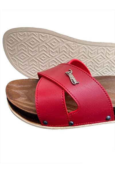 PARMİ Günlük Ahşap Desenli Çapraz Bant Kırmızı Rahat Terlik