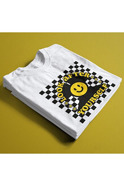rebelberi Oversize Unisex Mold Yellow Black Smile Printed White T-shirt T-Shirt
