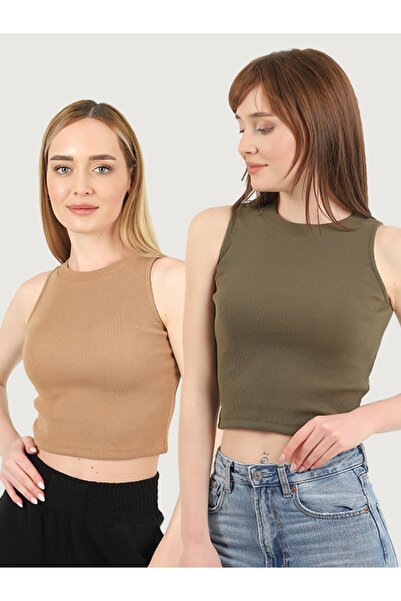 TİODES Γυναικεία Μπισκότα Χακί λαιμόκοψη 2 τεμαχίων Crop Μπλούζα