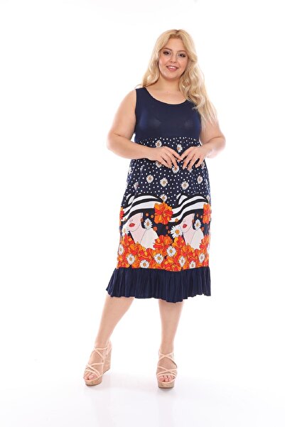 Şirin Butik Жіноче велике розмір синьо-помаранчеве сукня з квітковим візерунком без рукавів з віскози