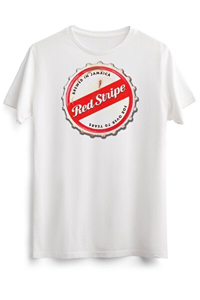 GreenMint تي شيرت أبيض للجنسين مع غطاء زجاجة مخطط أحمر أساسي