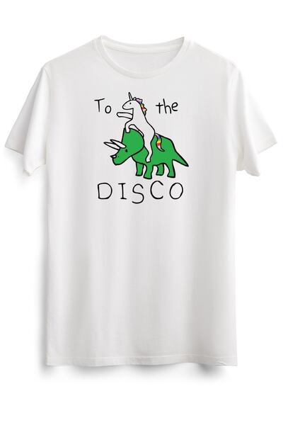 GreenMint تي شيرت أبيض للجنسين To The Disco (يونيكورن ركوب تريسيراتوبس) كلاسيكي