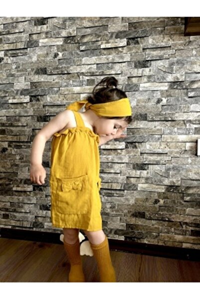 Bebeu %100 Organik Pamuk Çift Kat Müslin Kız Çocuk Askılı Retro Elbise Saç Aksesuarı