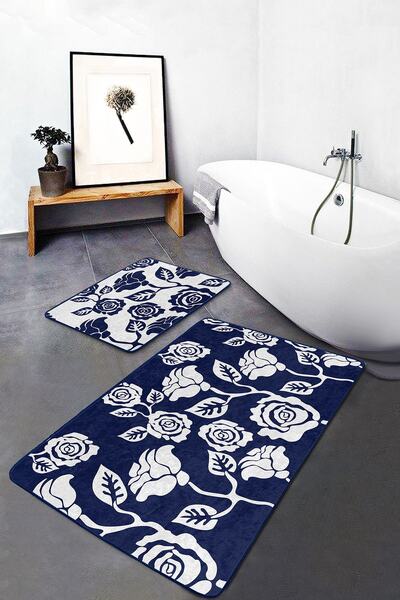 Realhomes طقم سجادة مطبخ مكون من قطعتين بتصميم وردة باللون الأزرق الداكن والأ...