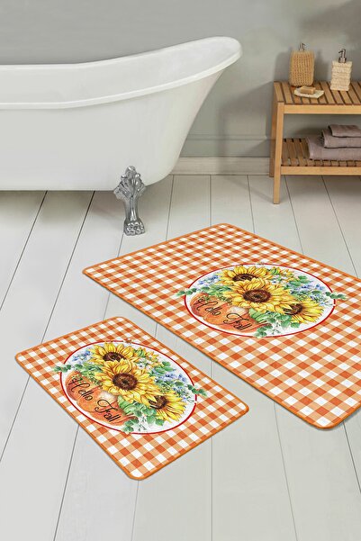 Realhomes طقم سجادة حمام بتصميم منقوش باللون البرتقالي مكون من قطعتين ومجموعة سجادة للمطبخ
