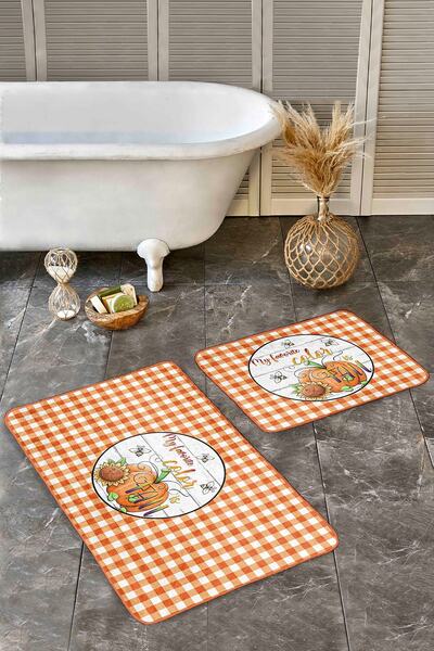 Realhomes طقم سجادة مطبخ مكون من قطعتين بتصميم يقطين منقوش باللون البرتقالي ومجموعة سجادة حمام