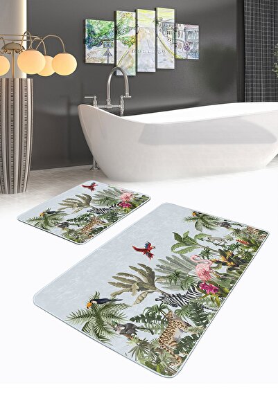 Realhomes طقم سجادة حمام بتصميم خاص مكون من قطعتين ونباتات حيوانات استوائية