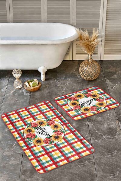 Realhomes طقم سجادة مطبخ مكون من قطعتين بتصميم منقوش ملون ومجموعة سجادة للحمام