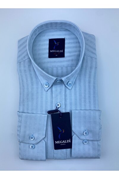 MEGALDİ Erkek Slim Fit Buz Mavi Önü Patlı Kendinden Desenli Gömlek