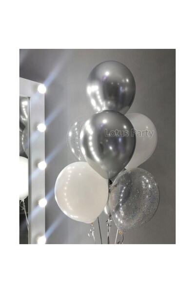 LOTUS PARTY 10 Adet - Balon Seti ( Beyaz - Krom Gümüş - Şeffaf Gümüş Pullu Ba...