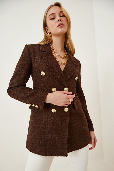 Happiness İstanbul Női barna gombos blézer Tweed dzseki WF00004