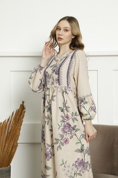 Besme Linen Fabric Purple Flower Patterned Stone Detailed Pompom Summer Dress