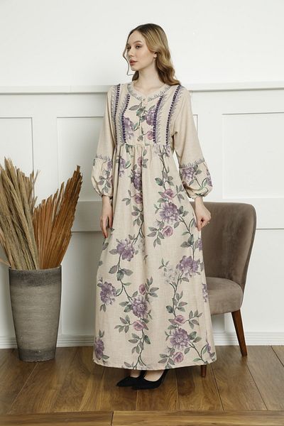 Besme Linen Fabric Purple Flower Patterned Stone Detailed Pompom Summer Dress