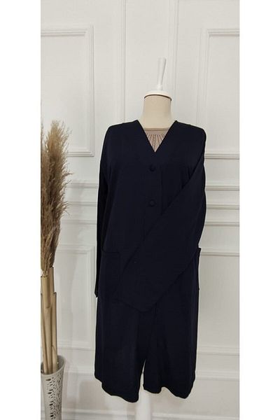 YCN GİYİM Women's Navy Blue Mother's Long Thin Combed Cotton Cardigan Special for Mother's Day