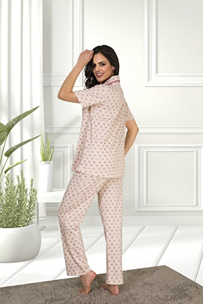 MyBen Women's Heart Patterned Pink Colored Buttoned Short Sleeve Pajama Set 10080