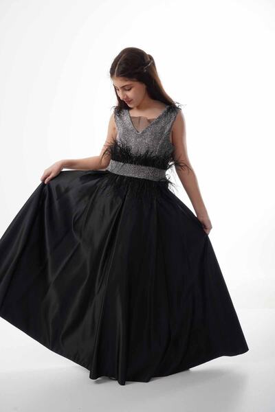 ÖFİ Kids Kız Simli Kabarık Kısa Kollu Tüylü Fiyonklu Uzun Sade Şık Abiye