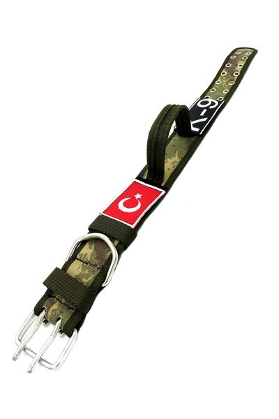 Tasma Market Askeri Kamuflaj Türk Bayraklı Kulplu Taktik K9 Köpek Tasması