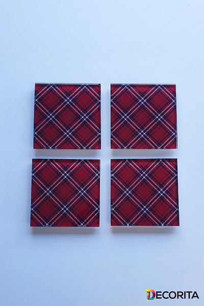 Decorita Glass Coaster| Set of 4 Red-White Plaid Pattern| 10cm X 10cm