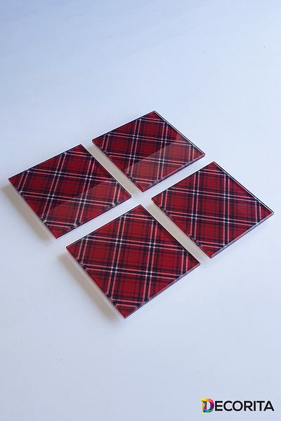 Decorita Glass Coaster| Set of 4 Red-White Plaid Pattern| 10cm X 10cm