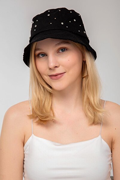 Saria Moda Μαύρο καπέλο με πέτρες στο επάνω μέρος