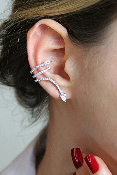 Argentum Concept 925 Ayar Gümüş Zirkon Taşlı Yılan Biçimli Kıkırdak Küpe - 12...