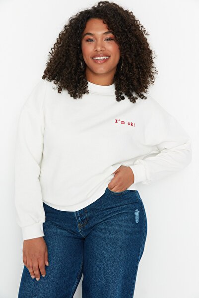 Trendyol Curve Bluza z grubego, haftowanego polaru w kolorze ecru TBBAW23AO00000