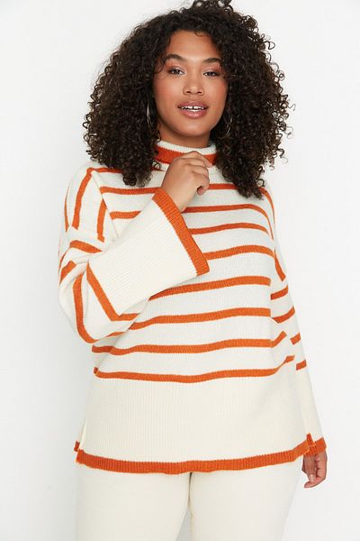 Trendyol Curve Orange gestreifter Strickpullover TBBAW23AN00015