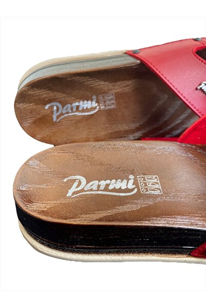 PARMİ Günlük Ahşap Desenli Çapraz Bant Kırmızı Rahat Terlik