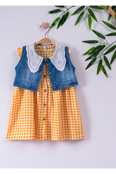 BÜŞRA فستان بناتي أصفر من القطن مع سترة من قماش الدنيم