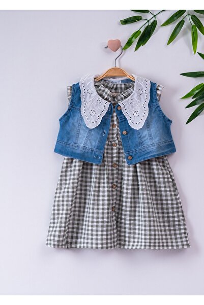 BÜŞRA فستان بناتي باللون الأخضر مع سترة من قماش الدنيم