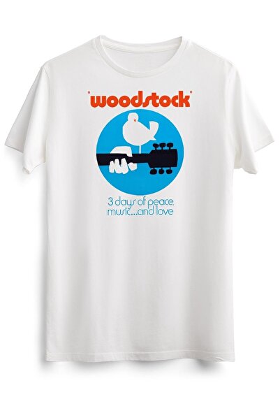 GreenMint تي شيرت أبيض للجنسين وودستوك 1969 السلام الحب الطيور ملصق أبيض أساسي