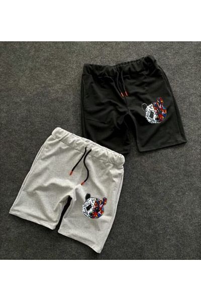 NewCabin Unisex Slim Fit Tokyo Panda με στάμπα γκρι μαύρο σορτς 2 τεμαχίων