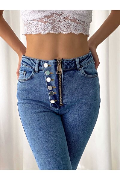efstyle άνοιγμα ελαστικό ύφασμα Τζιν παντελόνι με λεπτομέρεια με κουμπιά και ...